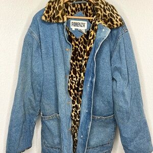 Vintage Forenza Denim Cheetah Fur Lined Jacket Women’s Size Large Long Coat